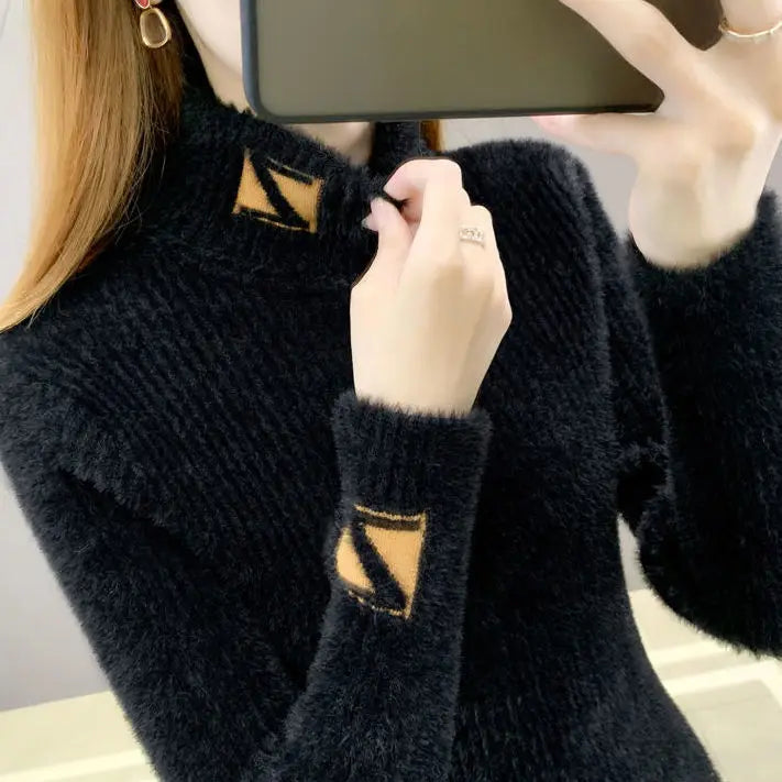 High Collar Pullover Sweater Women Mink Letter Jacquard