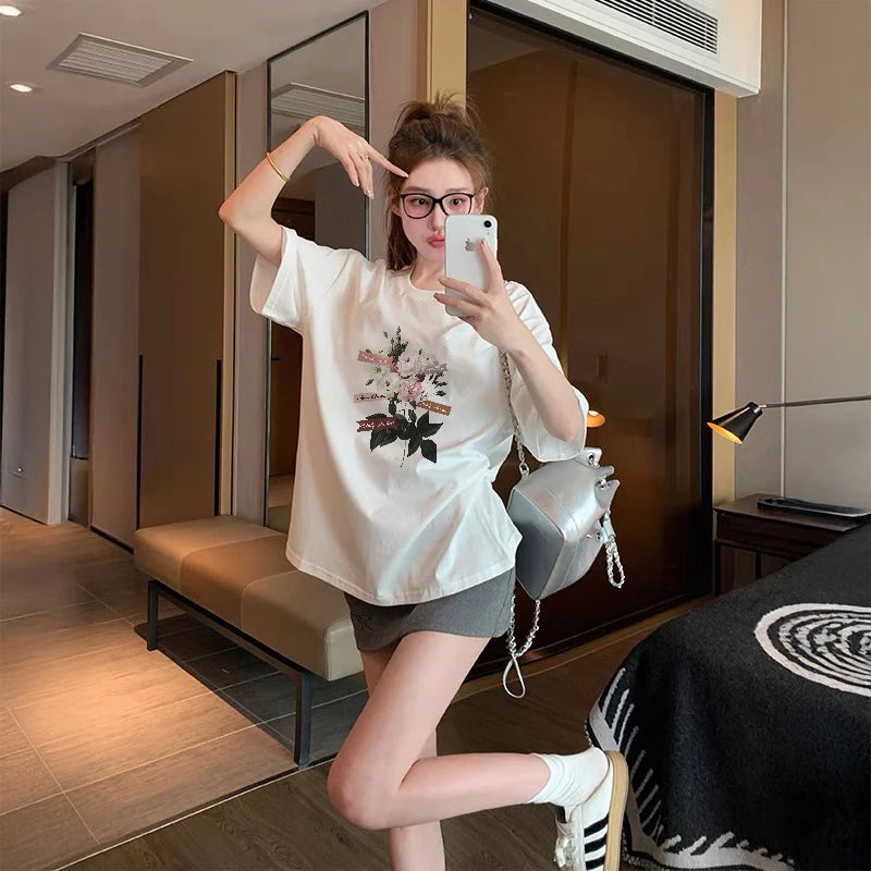 100% COTTON Romantic Rose Print T-Shirt Women's Summer