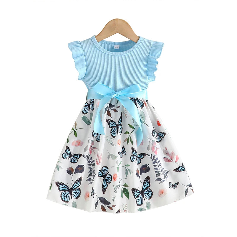 Set For Kids  Girl 3-7 Years old Ruffled Sleeve Butterfly Floral Tulle Cute Princess Formal Dresses with Belt Ootd For Baby Girl