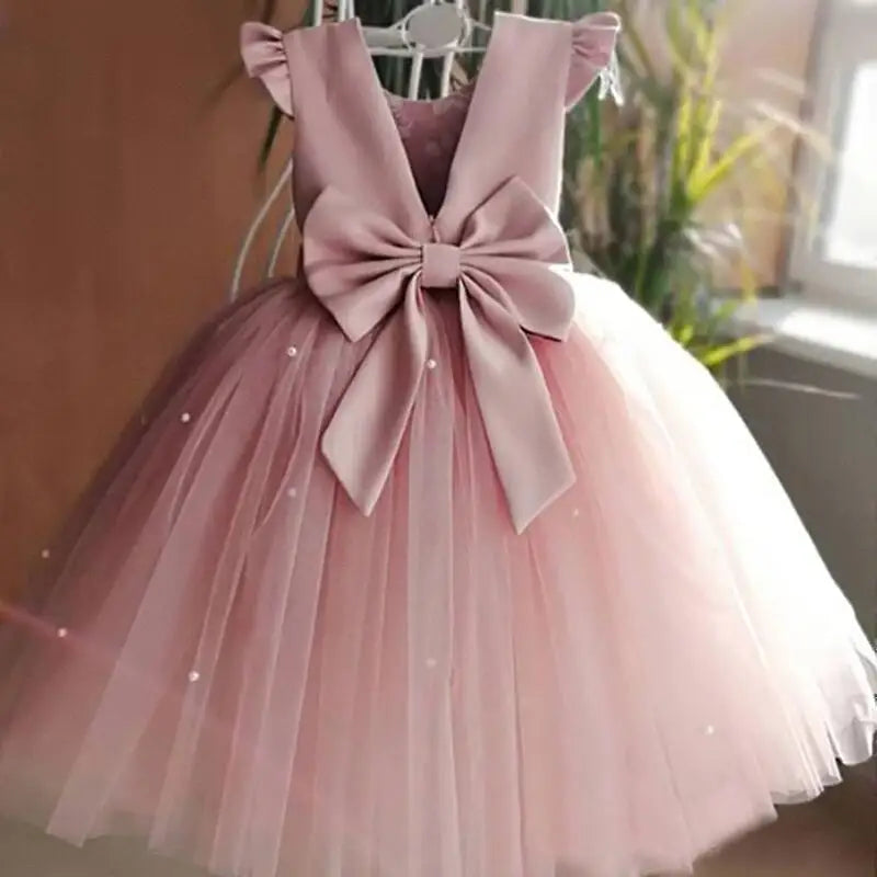 Toddler Girl Flower Birthday Tulle Dress Backless Bow Wedding Gown Kids Party Wear