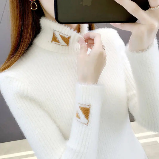 High Collar Pullover Sweater Women Mink Letter Jacquard