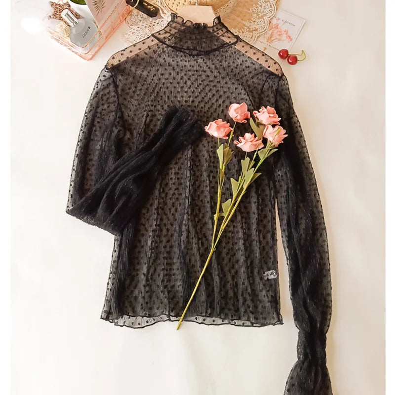 Blouse Summer Thin See Through Slim Bottoming Lace Long Flare Sleeved Tops