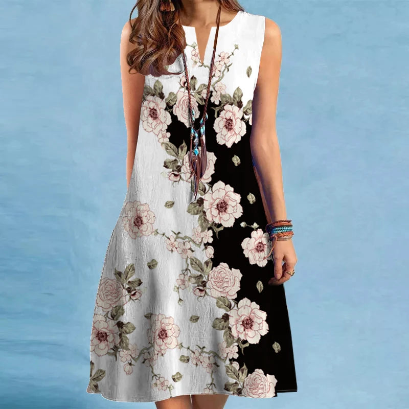 Women's New Dress V-neck Sleeveless Sexy Printed Large Hem Foreign Trade Dress