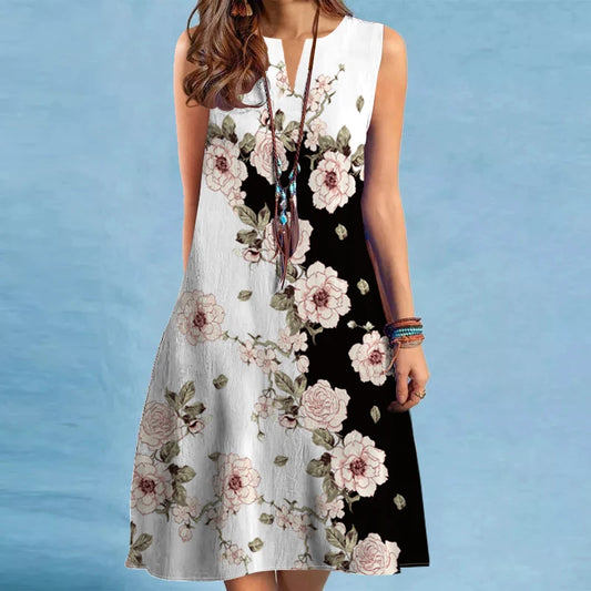 Women's New Dress V-neck Sleeveless Sexy Printed Large Hem Foreign Trade Dress