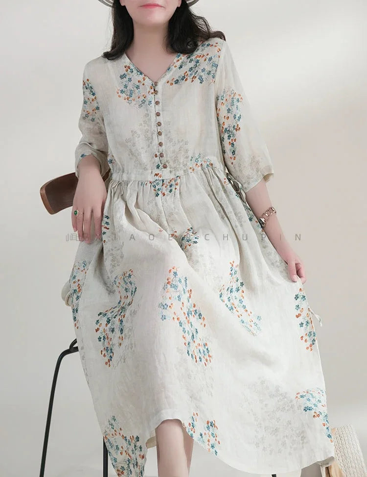 Summer Dress Women 2025 Long Print Elegant Clothing Vintage Elastic Waist Korean