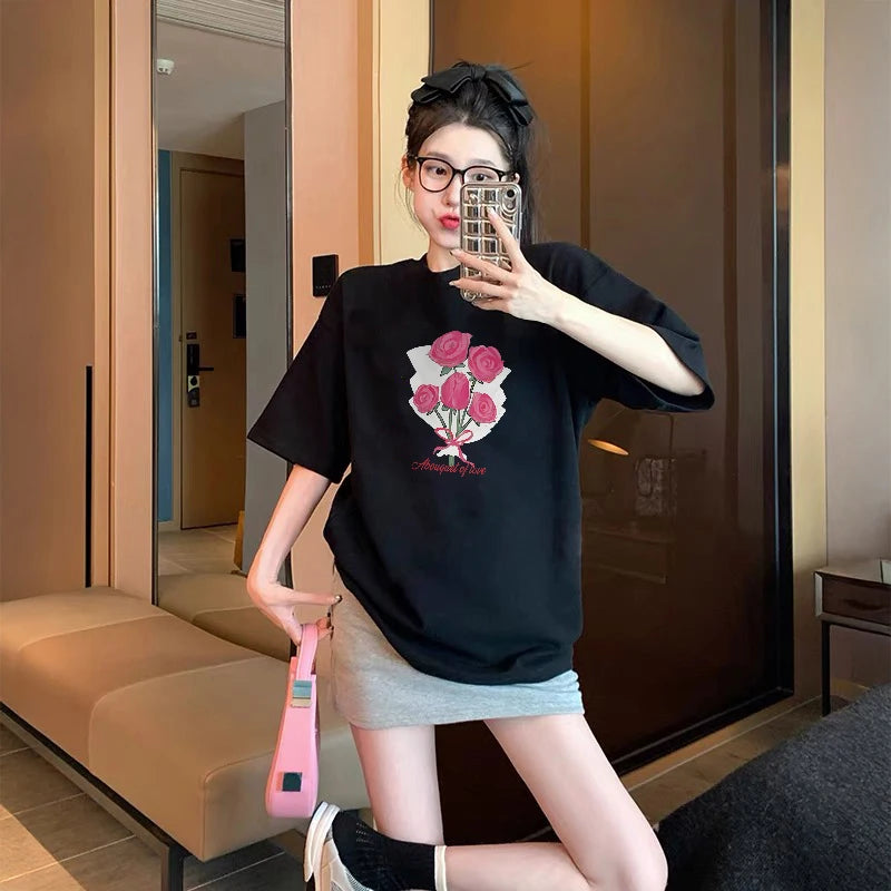 100% COTTON Romantic Rose Print T-Shirt Women's Summer