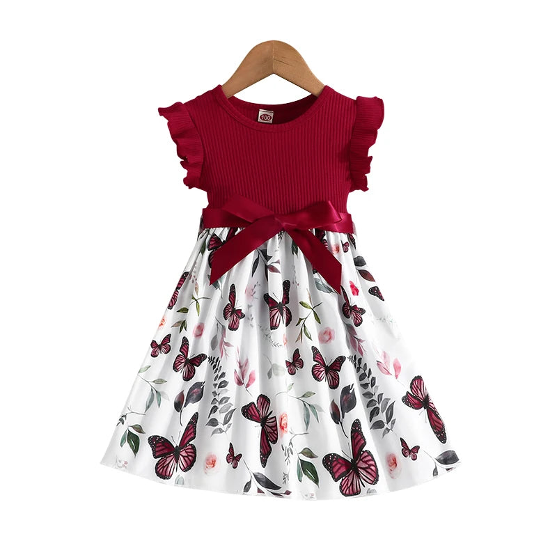 Set For Kids  Girl 3-7 Years old Ruffled Sleeve Butterfly Floral Tulle Cute Princess Formal Dresses with Belt Ootd For Baby Girl