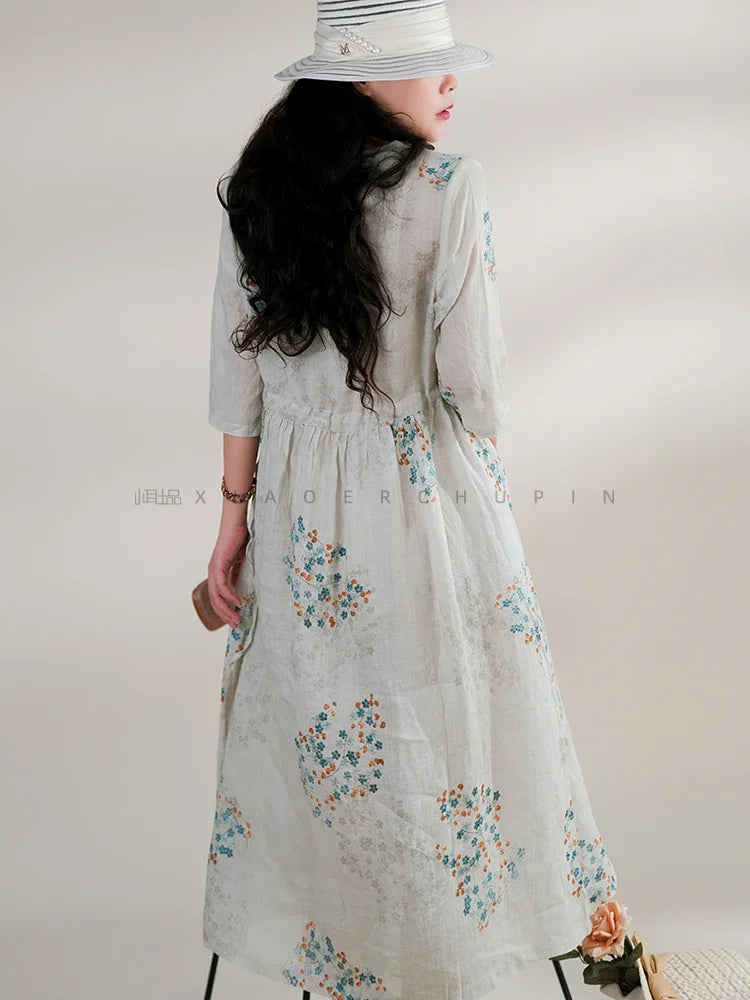 Summer Dress Women 2025 Long Print Elegant Clothing Vintage Elastic Waist Korean