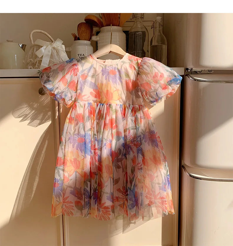 2025 Summer Kids Clothes Puff Sleeve Flower Print Dress For Girls Mesh Kids Dress for Girl