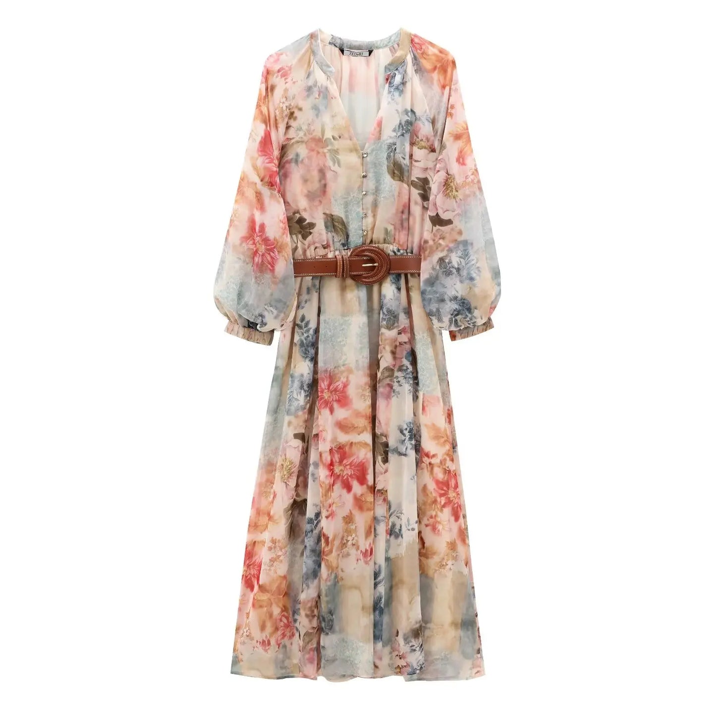 Print Long Dress With Belt For Women Autumn Fashionable Long Sleeved Loose Casual Elasticated Waist Female