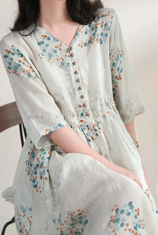 Summer Dress Women 2025 Long Print Elegant Clothing Vintage Elastic Waist Korean