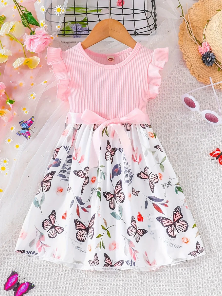 Set For Kids  Girl 3-7 Years old Ruffled Sleeve Butterfly Floral Tulle Cute Princess Formal Dresses with Belt Ootd For Baby Girl