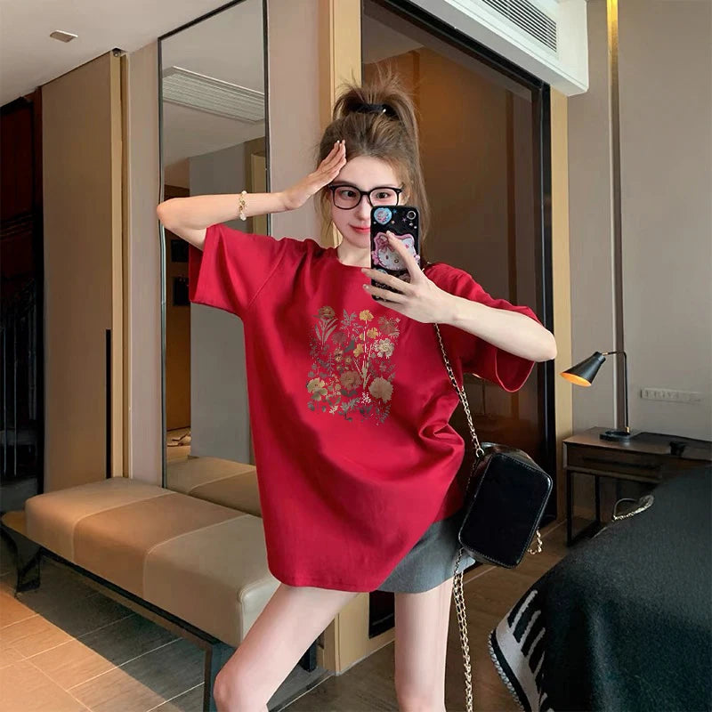 100% COTTON Romantic Rose Print T-Shirt Women's Summer