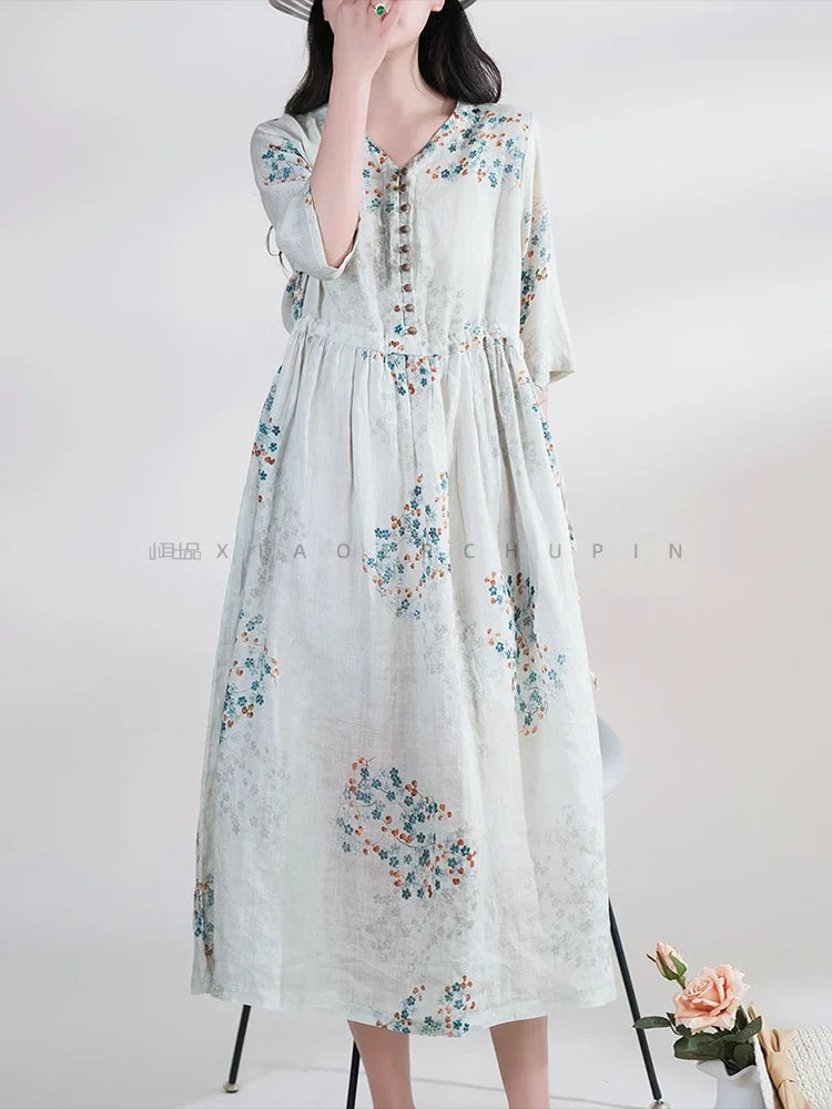 Summer Dress Women 2025 Long Print Elegant Clothing Vintage Elastic Waist Korean