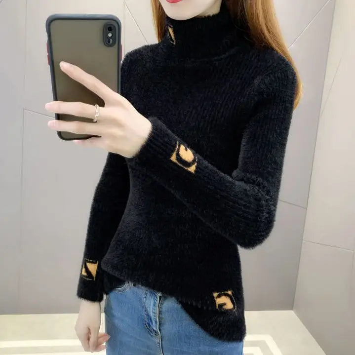 High Collar Pullover Sweater Women Mink Letter Jacquard