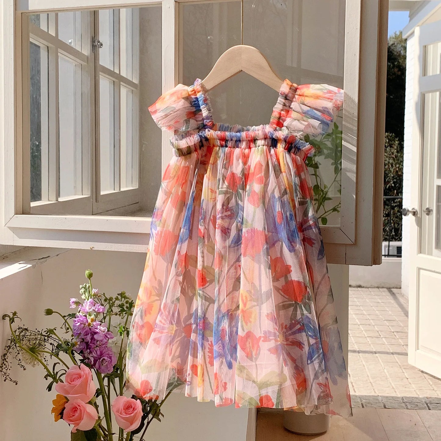 2025 Summer Kids Clothes Puff Sleeve Flower Print Dress For Girls Mesh Kids Dress for Girl
