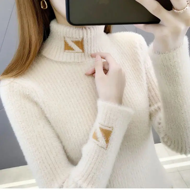 High Collar Pullover Sweater Women Mink Letter Jacquard
