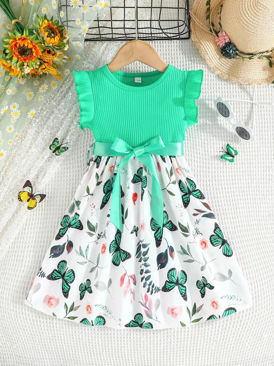Set For Kids  Girl 3-7 Years old Ruffled Sleeve Butterfly Floral Tulle Cute Princess Formal Dresses with Belt Ootd For Baby Girl