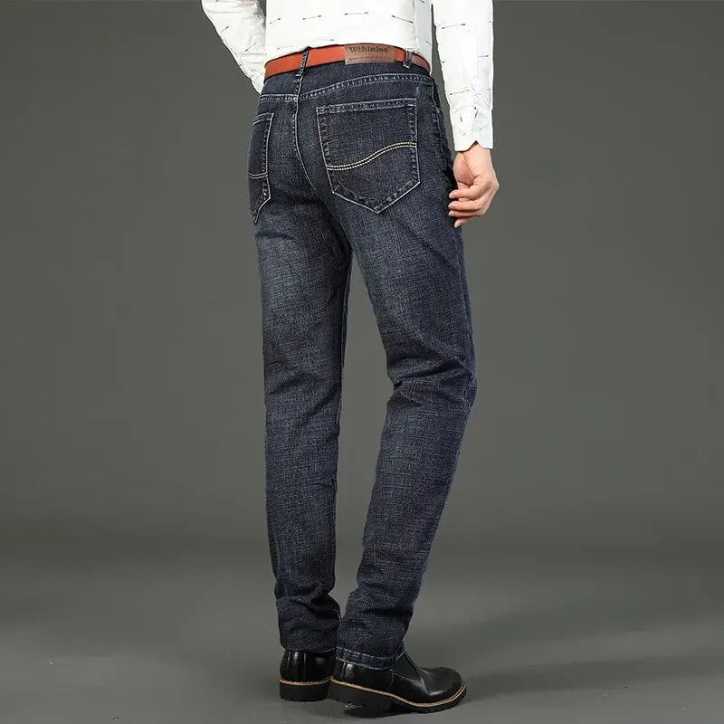 New Business Men's Jeans Casual Straight Stretch Fashion Classic Blue Black Work Denim Trousers Male Brand Clothing