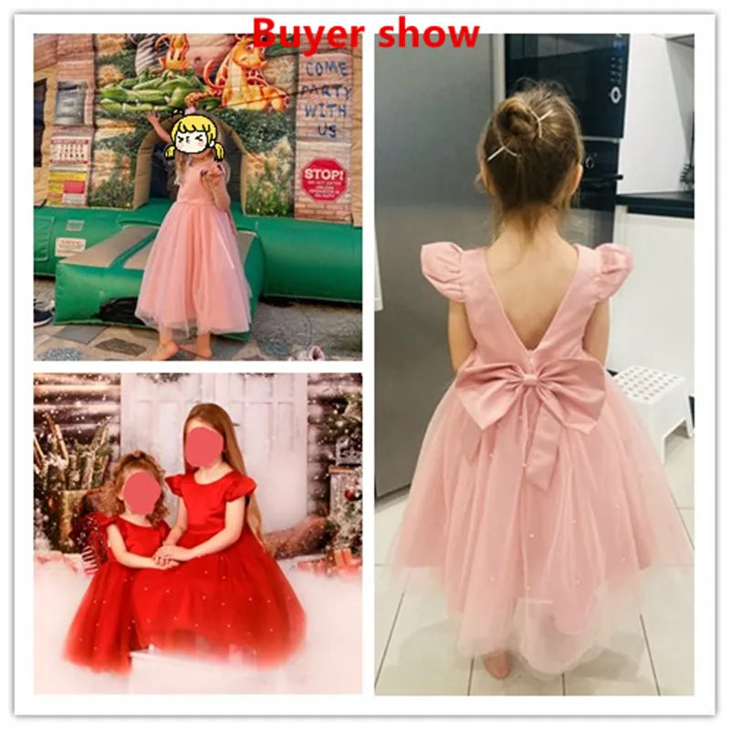 Toddler Girl Flower Birthday Tulle Dress Backless Bow Wedding Gown Kids Party Wear
