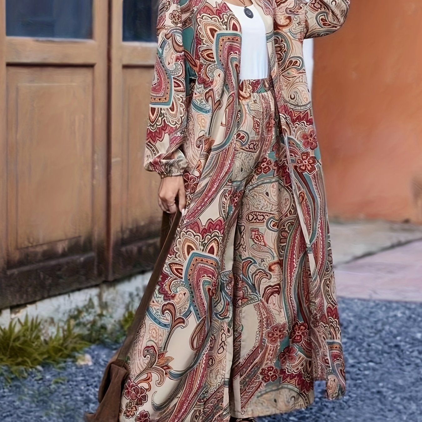 Traffic Model Women's Persian Brocade Print Open Front Jacket and Pants Set