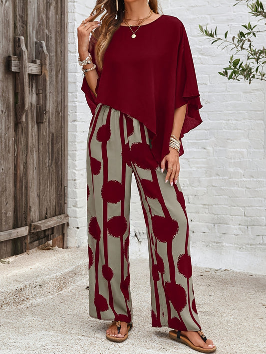 Women's Elegant Casual Asymmetric Hem Top and Printed Pants Set,