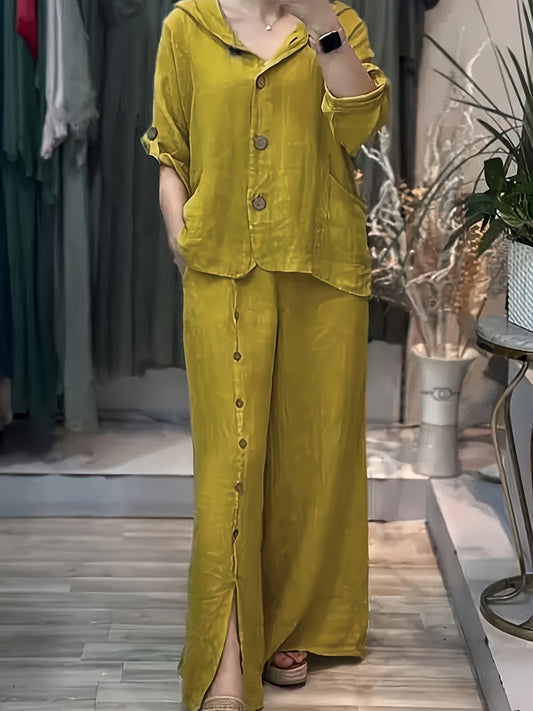 2pcs Women'S Casual Polyester Pantsuit with Hooded Cardigan, Solid Color,
