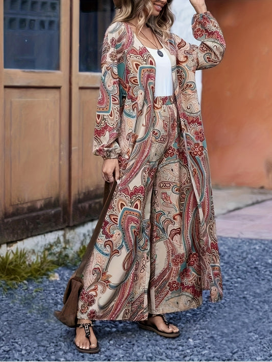 Traffic Model Women's Persian Brocade Print Open Front Jacket and Pants Set