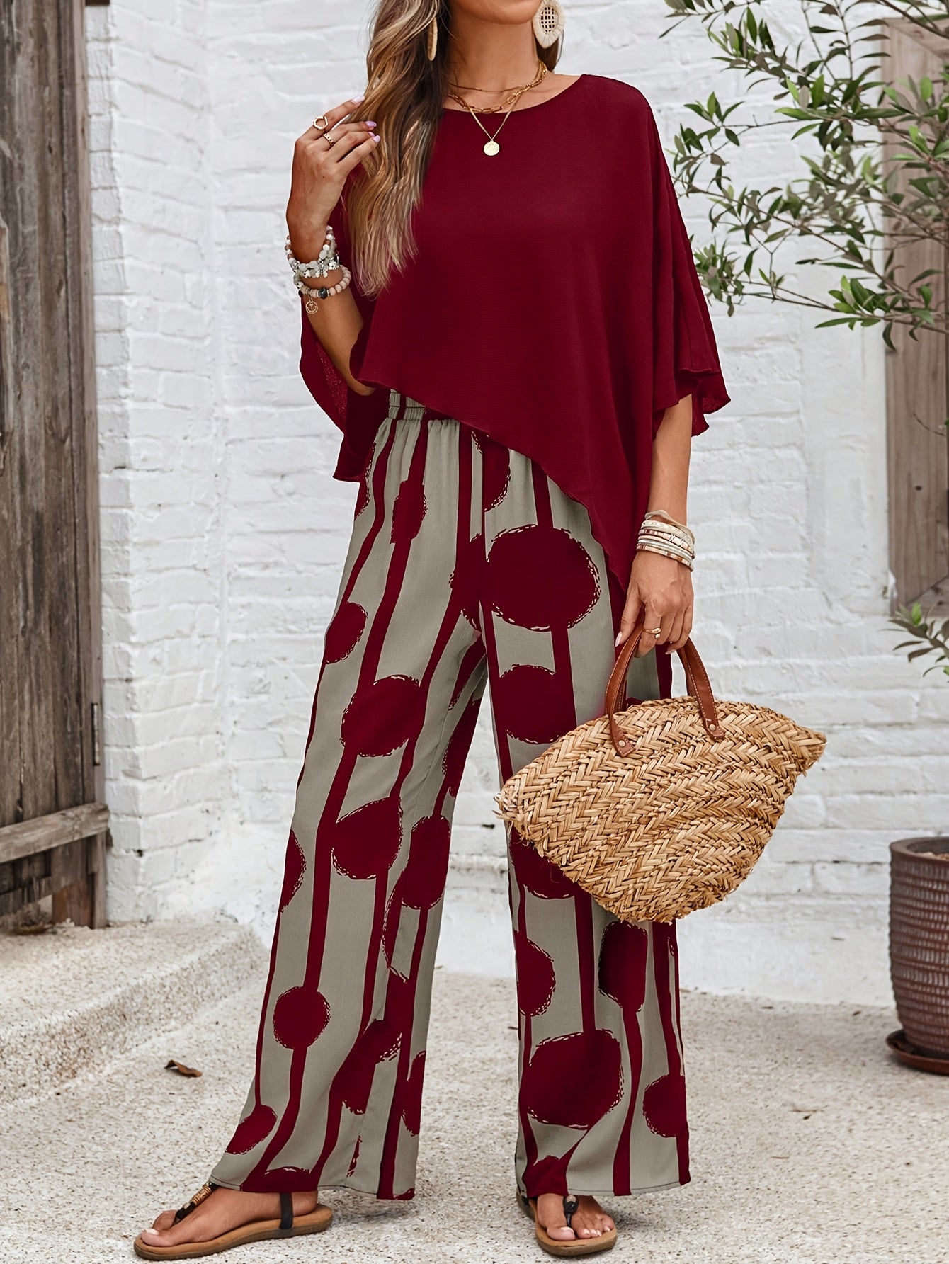 Women's Elegant Casual Asymmetric Hem Top and Printed Pants Set,